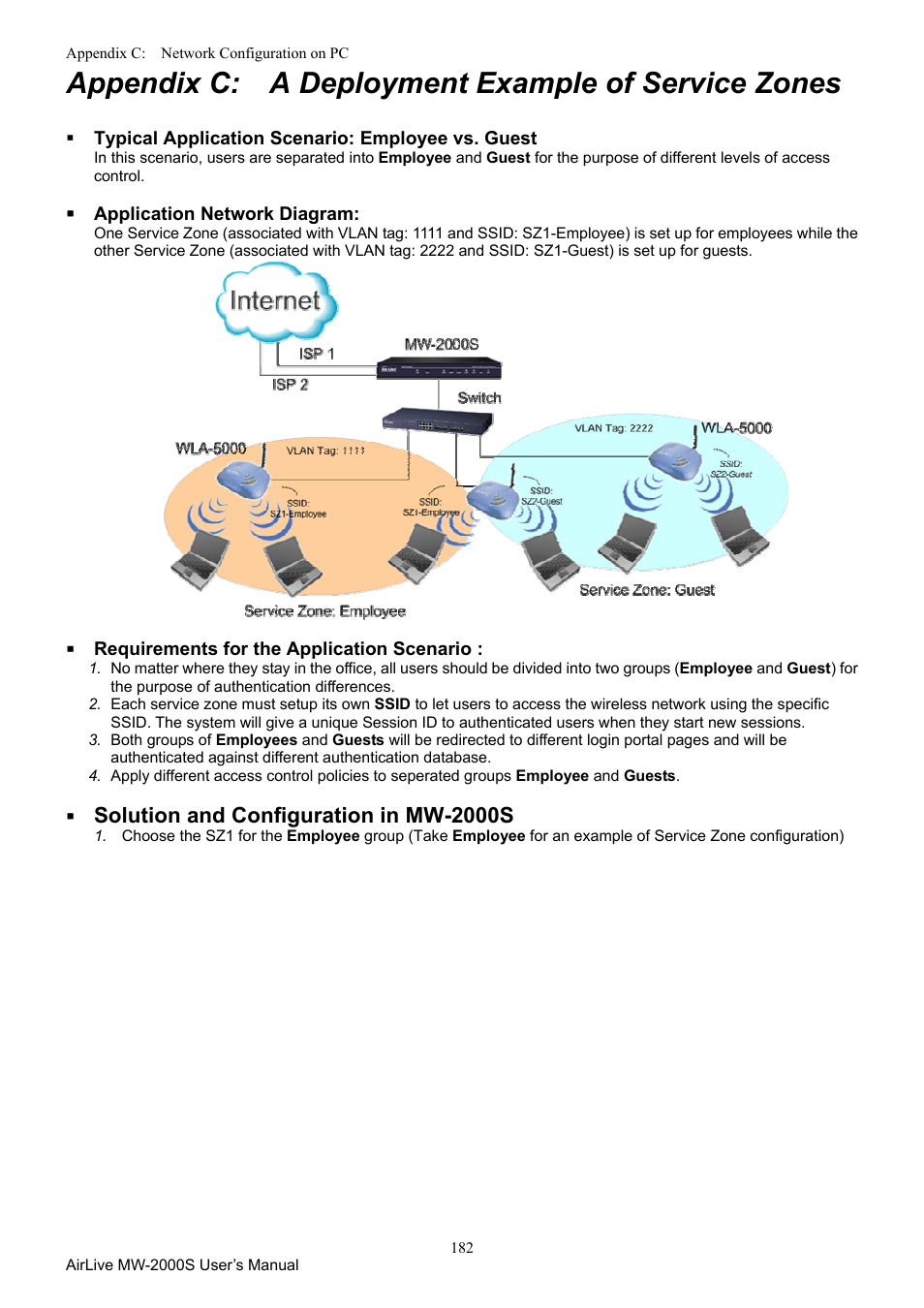 Appendix c. a deployment example of service zones, Appendix c: a deployment example of service zones, Solution and configuration in mw-2000s | AirLive MW-2000S User Manual | Page 187 / 225