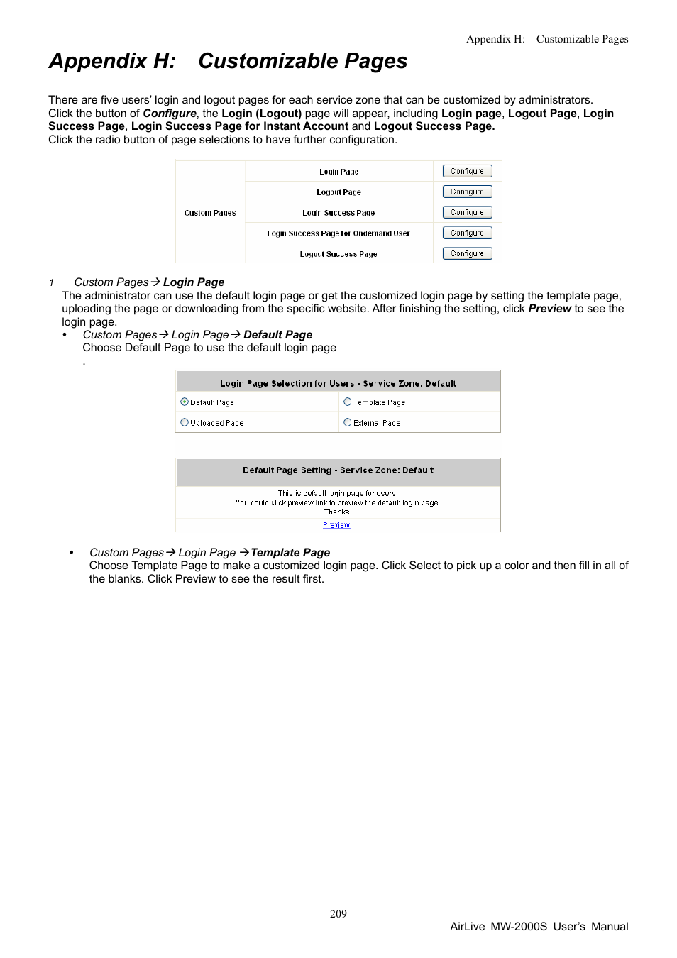 Appendix h: customizable pages | AirLive MW-2000S User Manual | Page 214 / 225