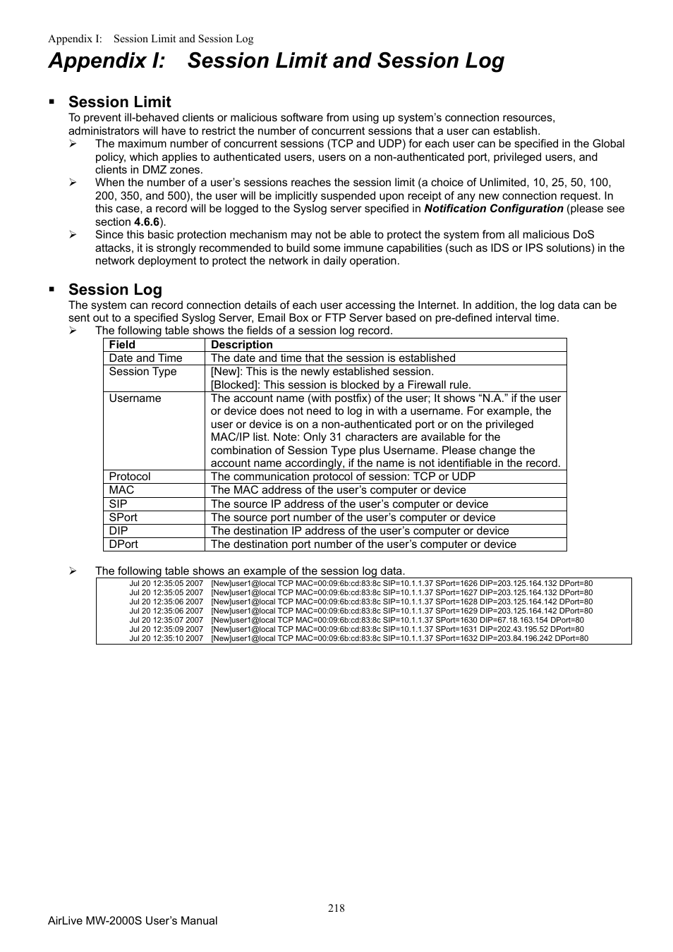 Appendix i. session limit and session log, Appendix i: session limit and session log, Session limit | Session log | AirLive MW-2000S User Manual | Page 223 / 225