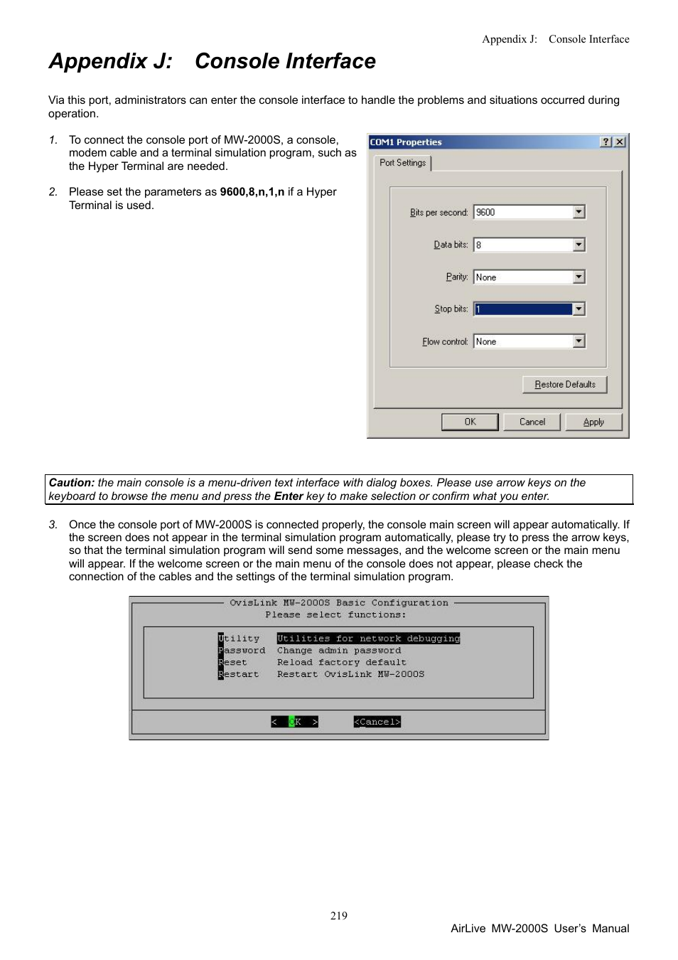 Appendix j. console interface, Appendix j: console interface | AirLive MW-2000S User Manual | Page 224 / 225