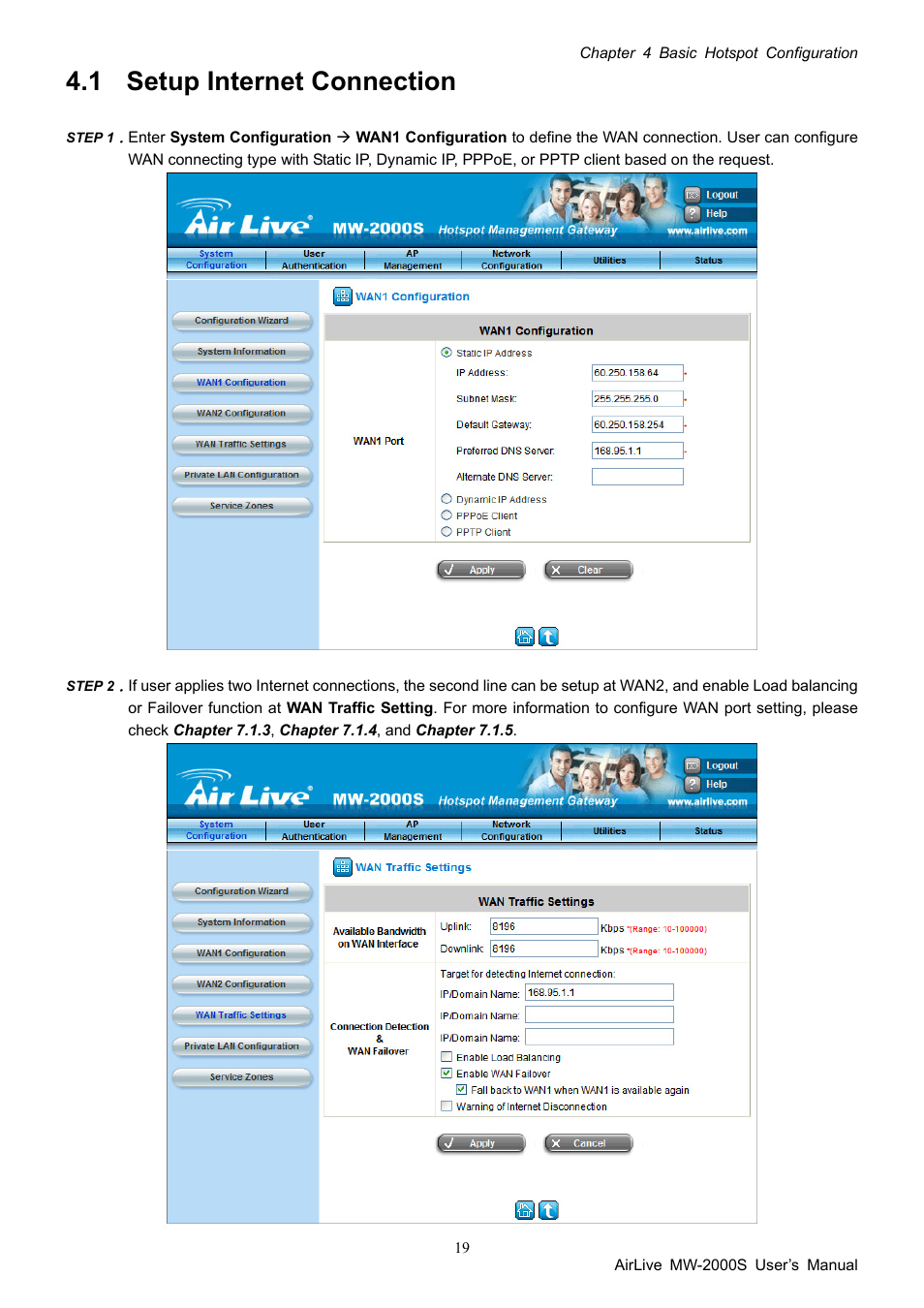 1 setup internet connection, Setup internet connection | AirLive MW-2000S User Manual | Page 24 / 225