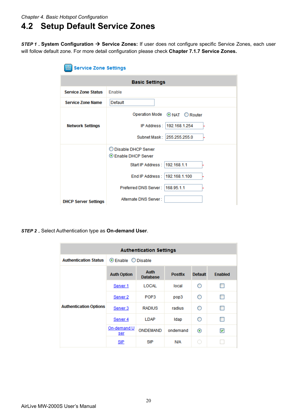 2 setup default service zones, Setup default service zones | AirLive MW-2000S User Manual | Page 25 / 225