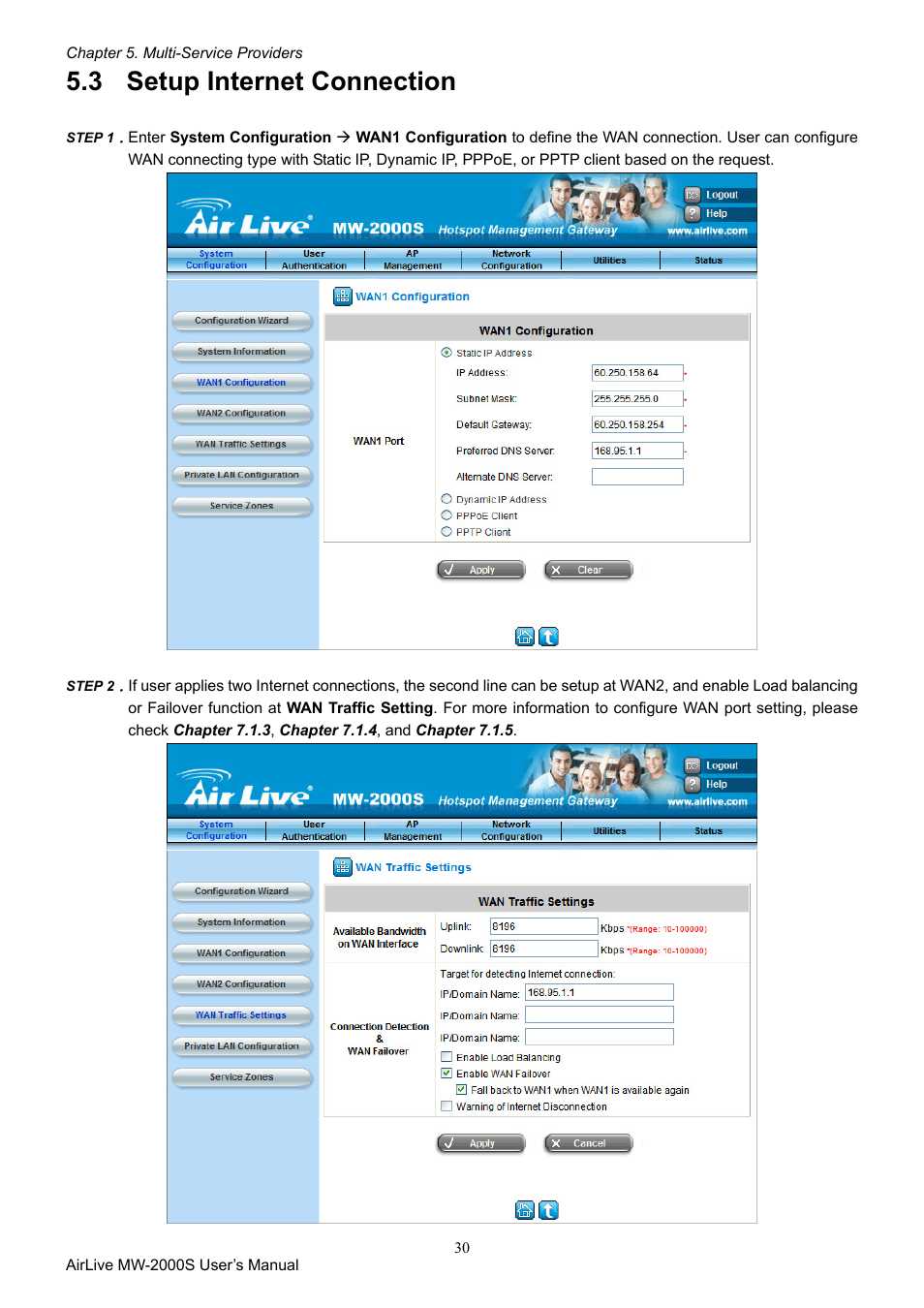 3 setup internet connection, Setup internet connection | AirLive MW-2000S User Manual | Page 35 / 225
