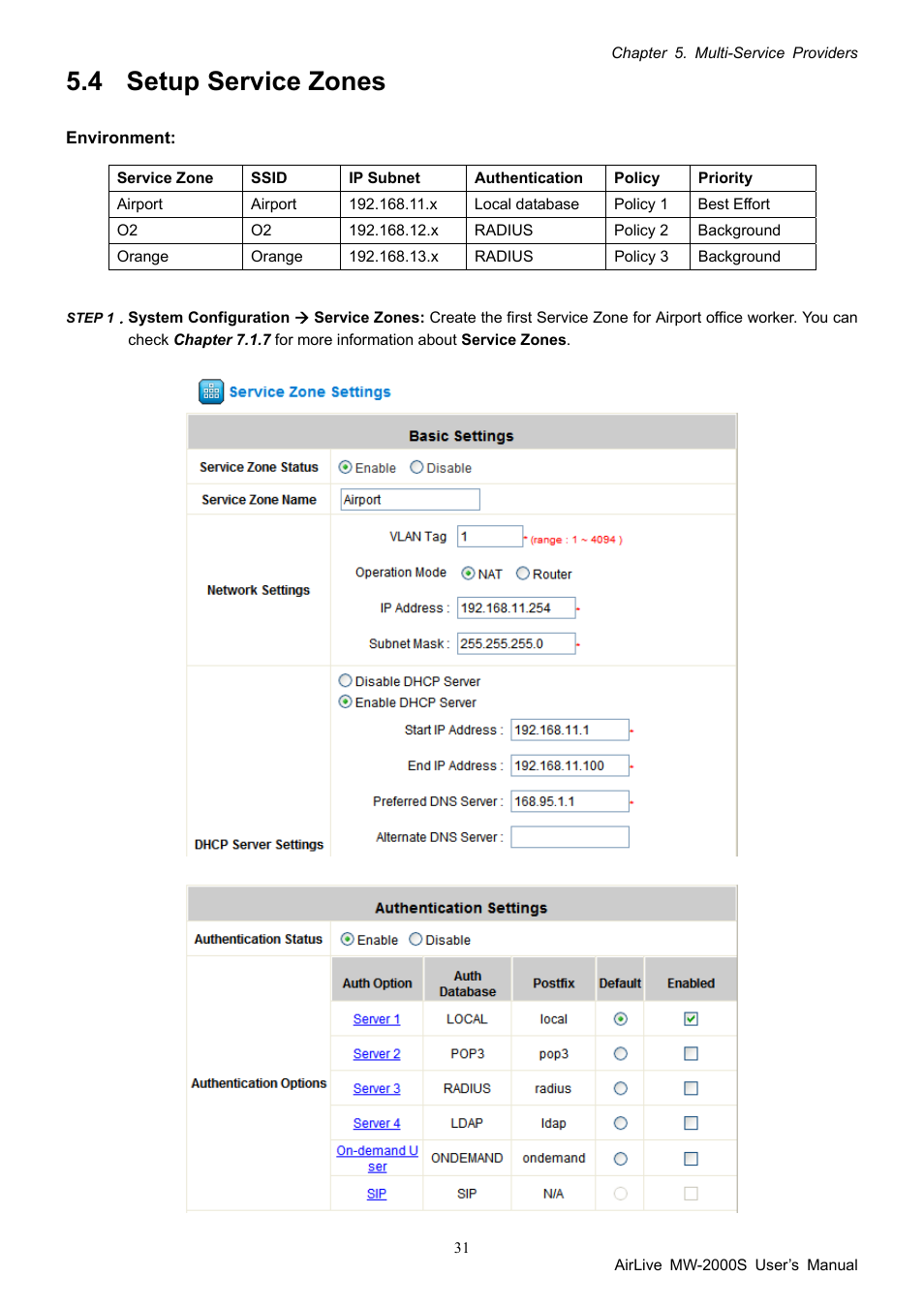 4 setup service zones, Setup service zones | AirLive MW-2000S User Manual | Page 36 / 225