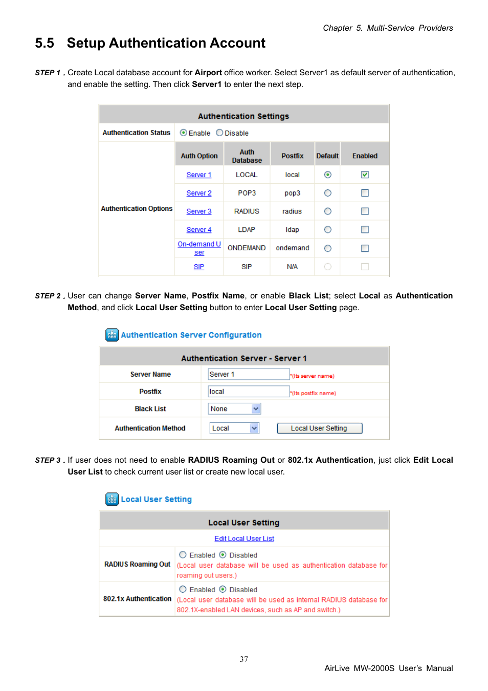 5 setup authentication account, Setup authentication account | AirLive MW-2000S User Manual | Page 42 / 225