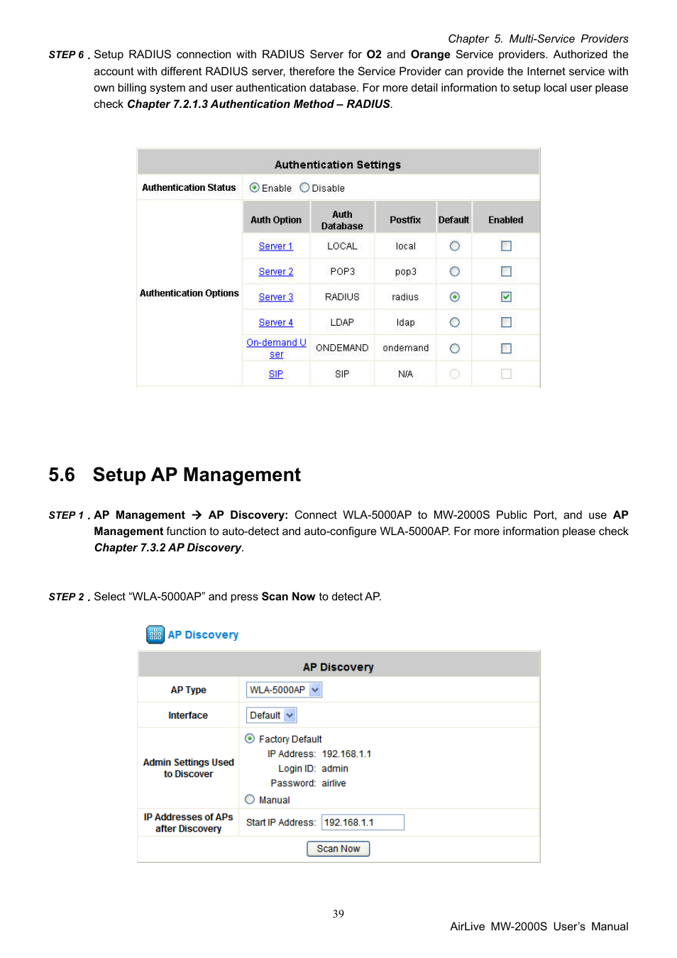 6 setup ap management, Setup ap management | AirLive MW-2000S User Manual | Page 44 / 225
