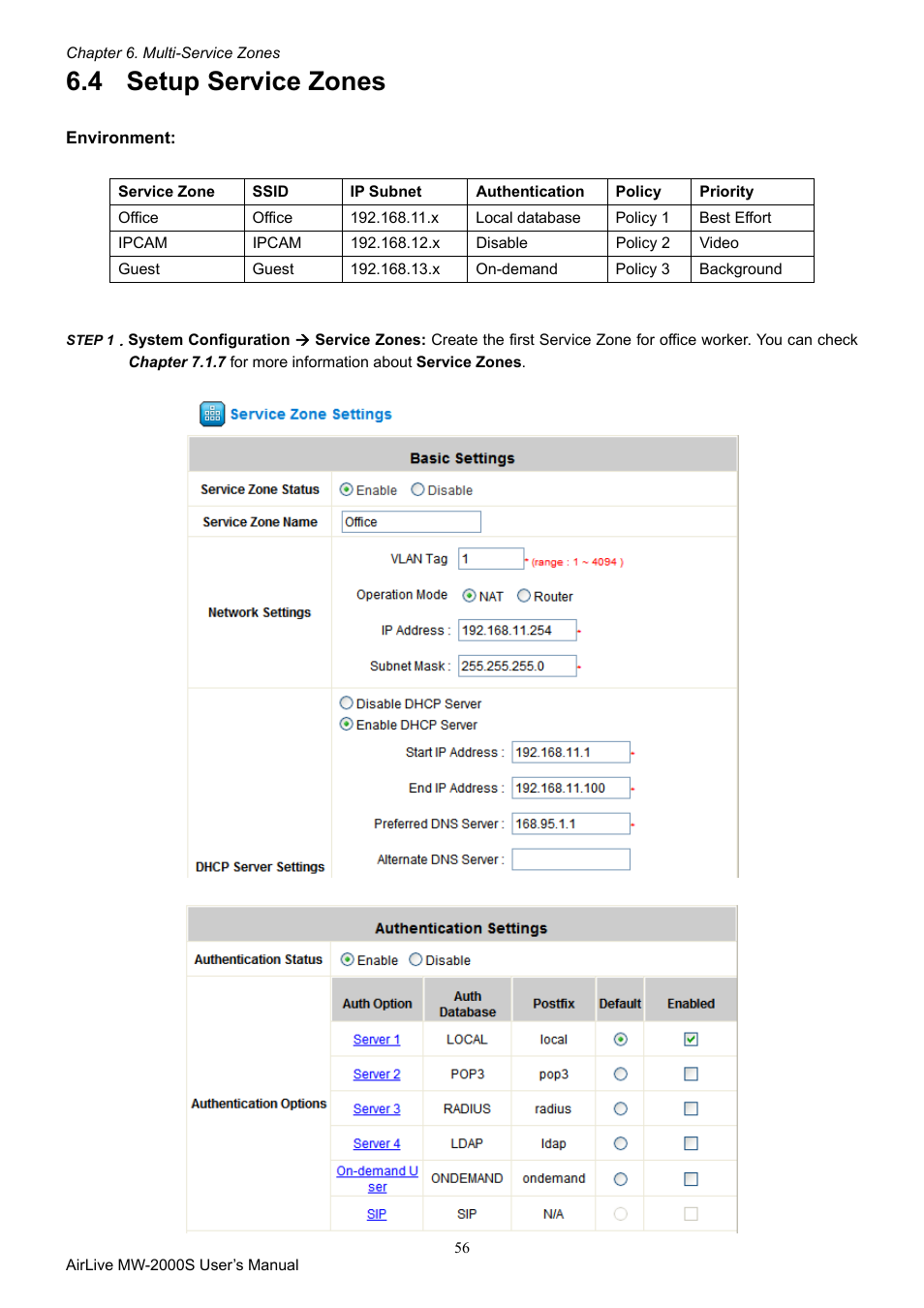4 setup service zones, Setup service zones | AirLive MW-2000S User Manual | Page 61 / 225
