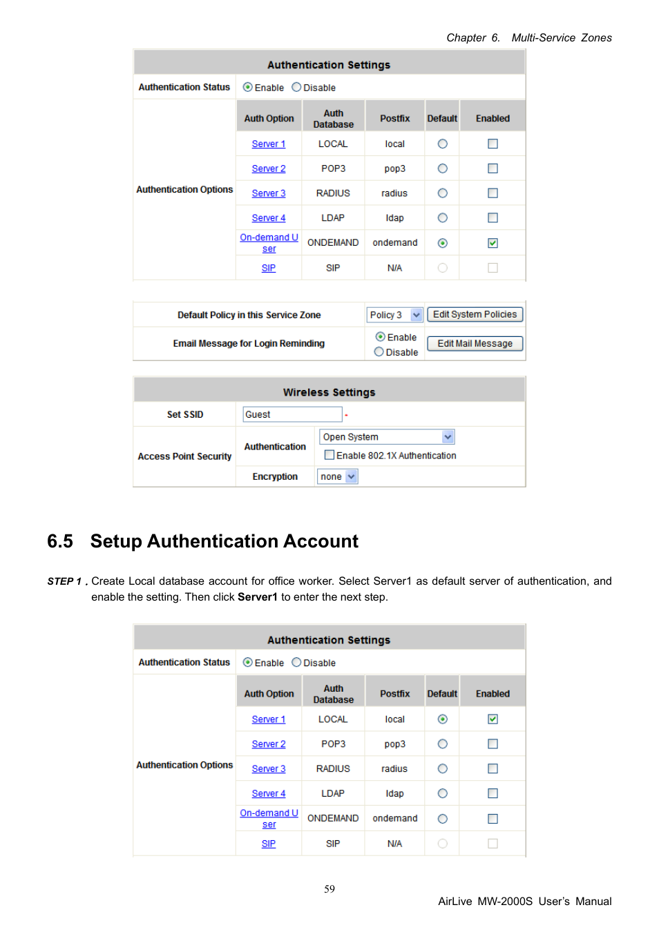 5 setup authentication account, Setup authentication account | AirLive MW-2000S User Manual | Page 64 / 225