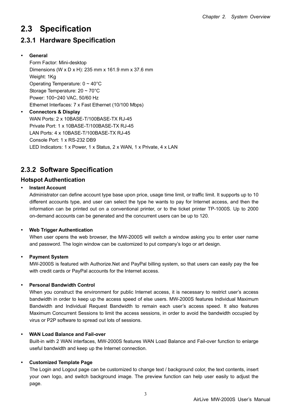 3 specification, 1 hardware specification, 2 software specification | Specification, Hardware specification, Software specification | AirLive MW-2000S User Manual | Page 8 / 225