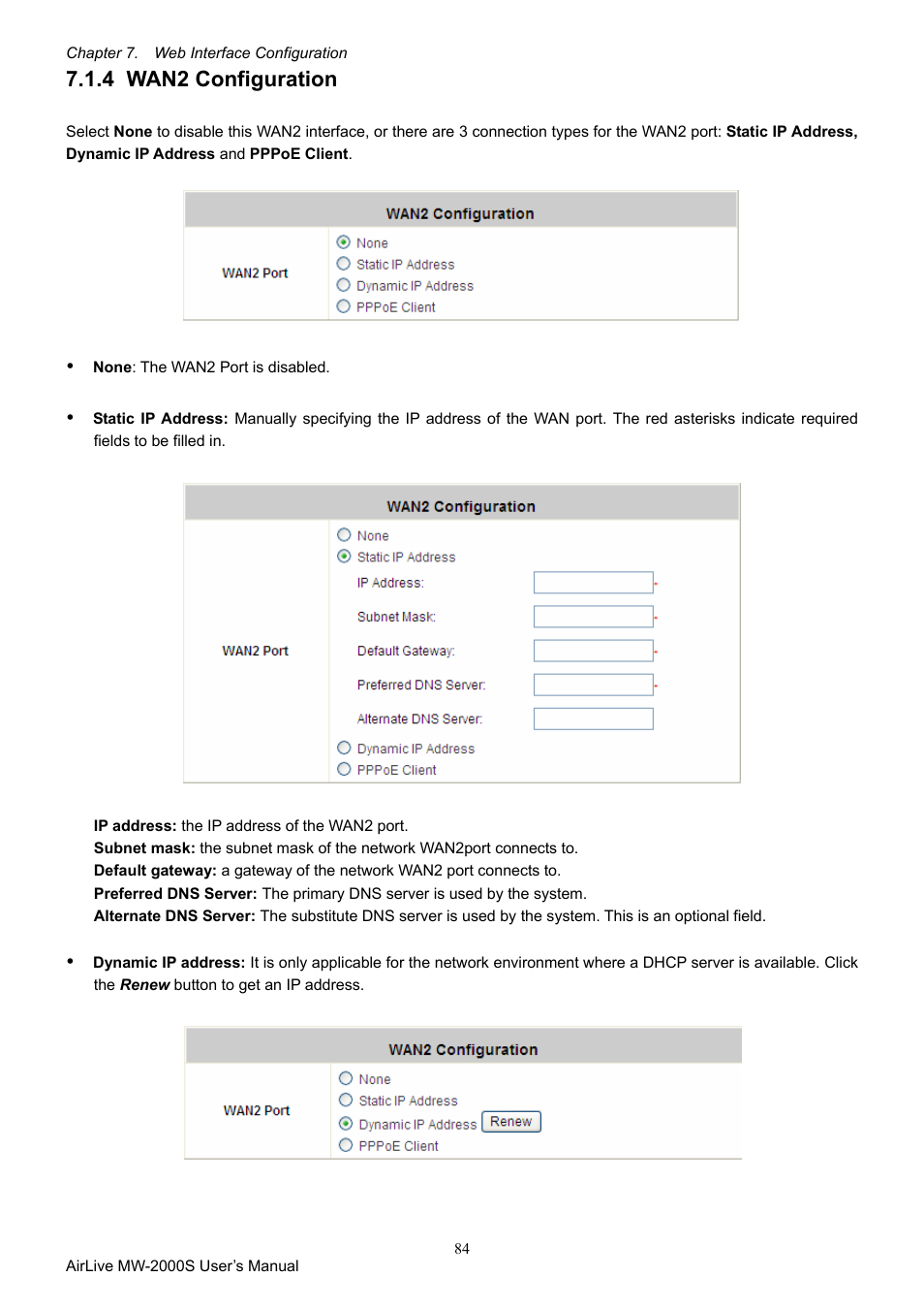 4 wan2 configuration, Wan2 configuration | AirLive MW-2000S User Manual | Page 89 / 225