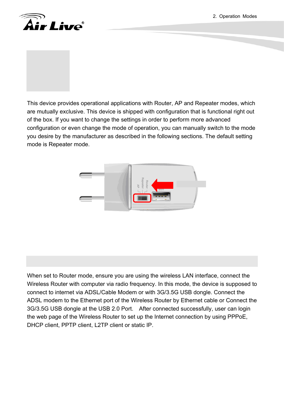 Operation modes, 1 router mode | AirLive N.Plug User Manual | Page 12 / 103