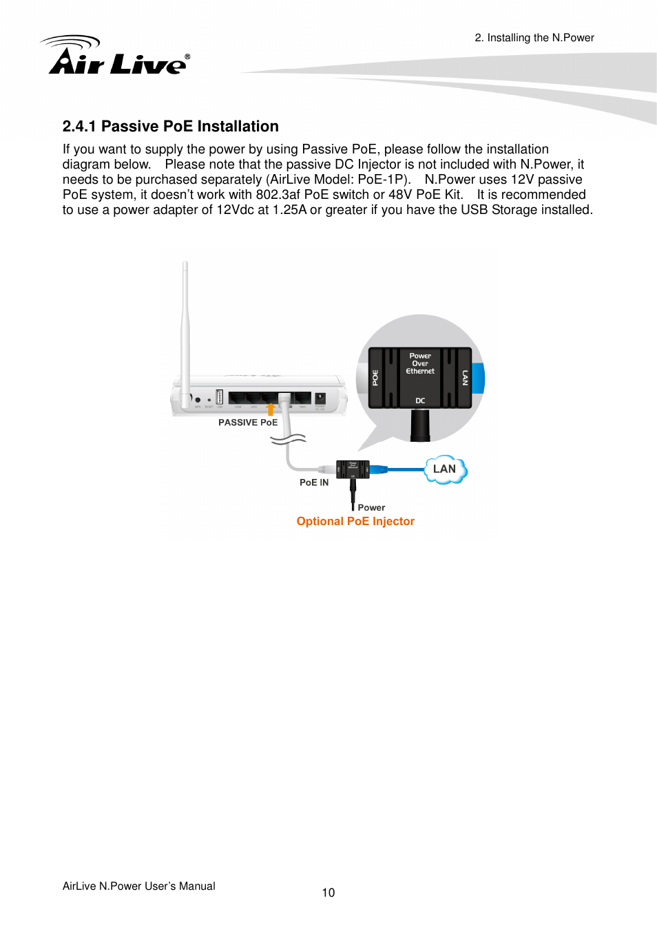 1 passive poe installation | AirLive N.Power User Manual | Page 15 / 103