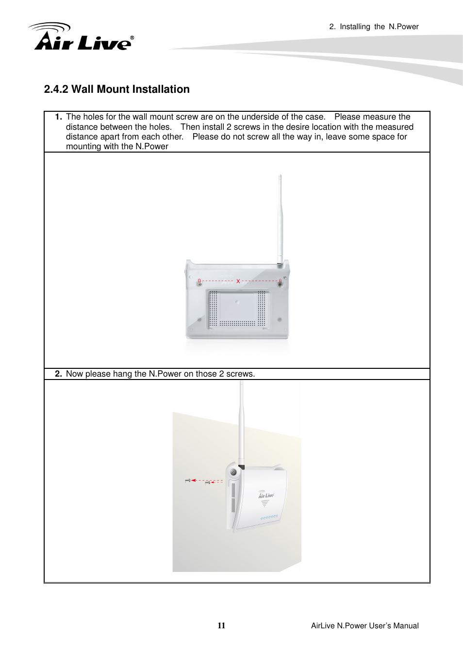 2 wall mount installation | AirLive N.Power User Manual | Page 16 / 103