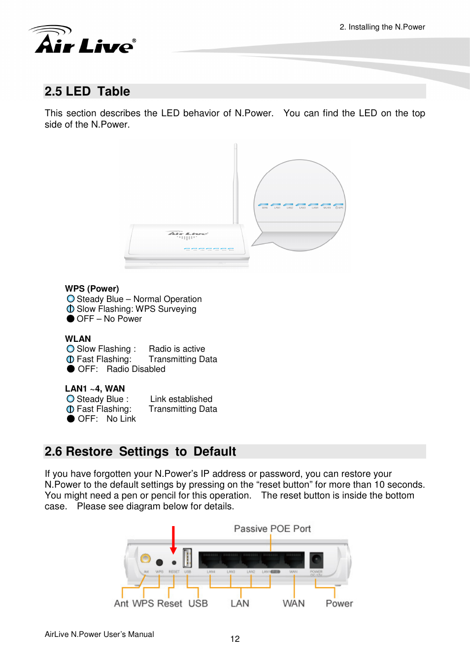 5 led table, 6 restore settings to default | AirLive N.Power User Manual | Page 17 / 103