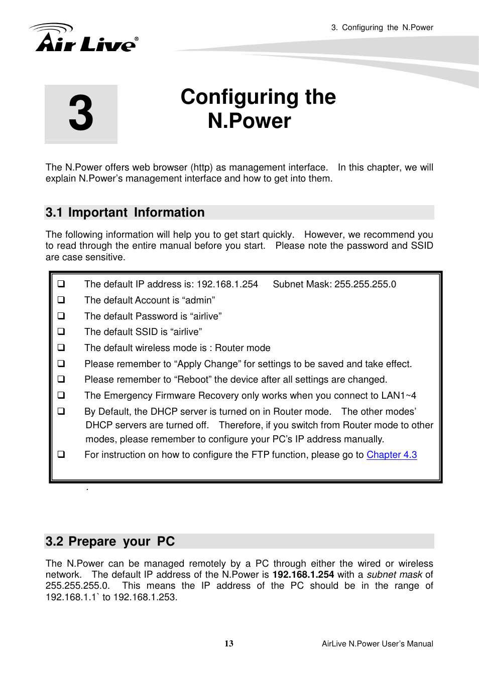 Configuring then.power, 1 important information, 2 prepare your pc | Configuring the n.power | AirLive N.Power User Manual | Page 18 / 103