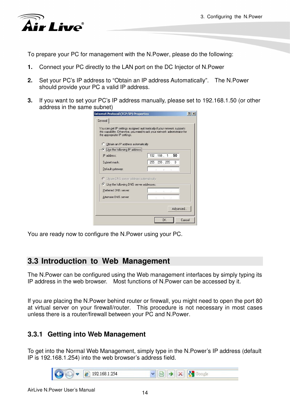 3 introduction to web management, 1 getting into web management, Getting into web management | AirLive N.Power User Manual | Page 19 / 103