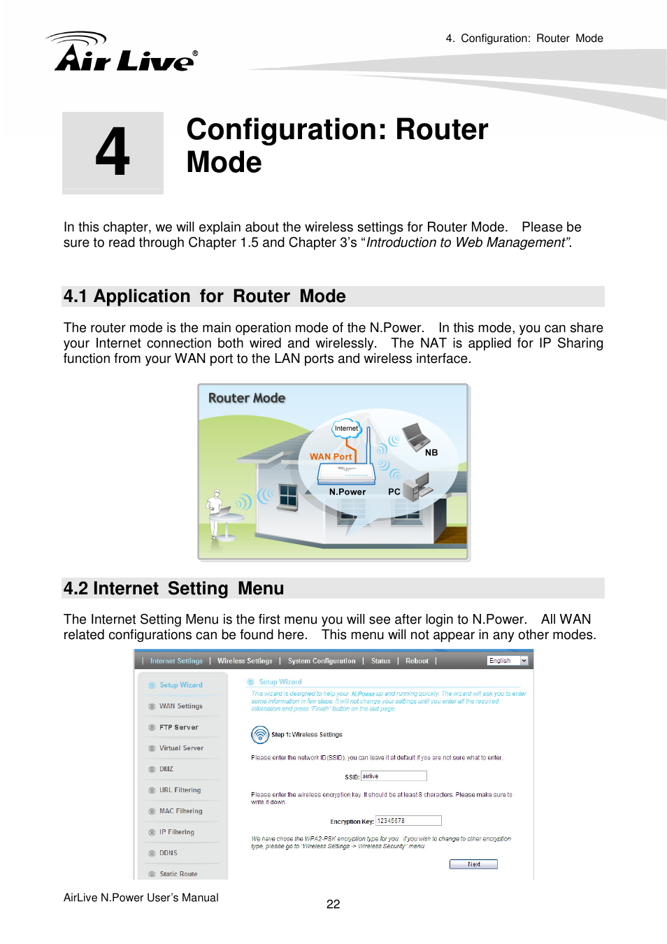 Configuration: routermode, 1 application for router mode, 2 internet setting menu | Configuration: router mode | AirLive N.Power User Manual | Page 27 / 103