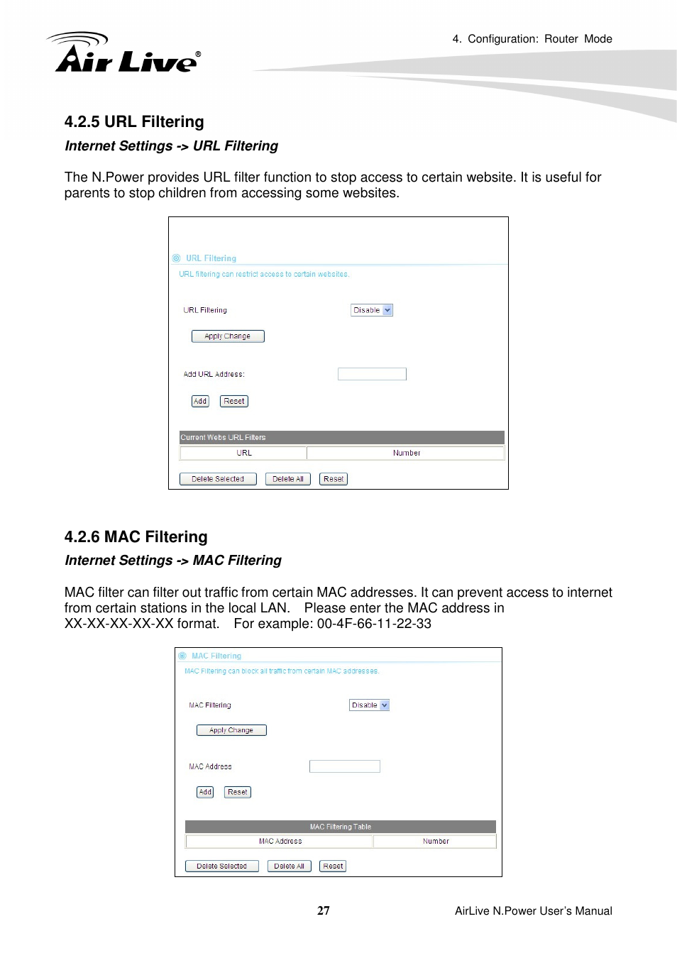 5 url filtering, 6 mac filtering | AirLive N.Power User Manual | Page 32 / 103