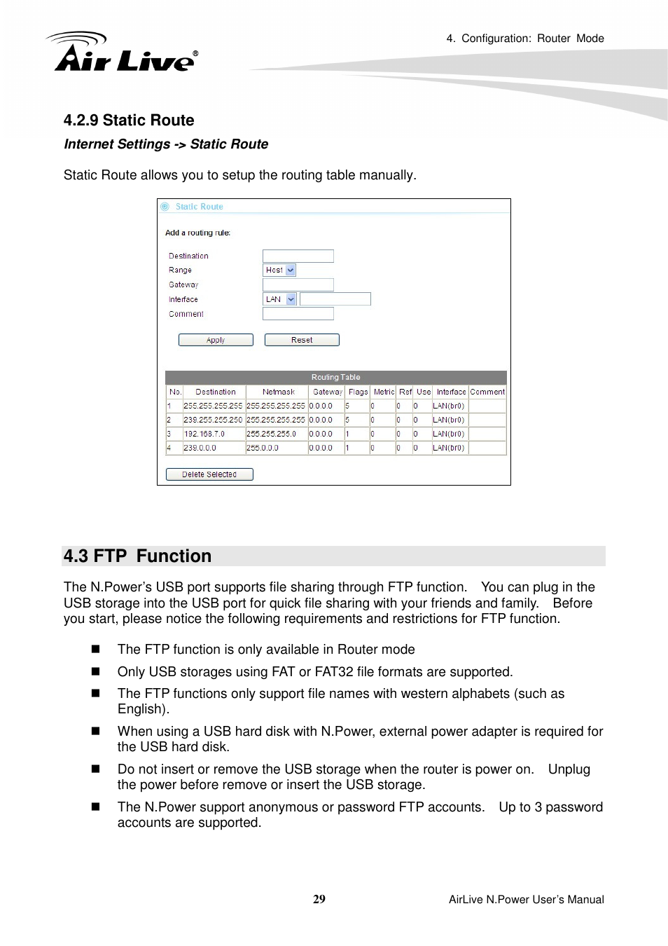 9 static route, 3 ftp function | AirLive N.Power User Manual | Page 34 / 103