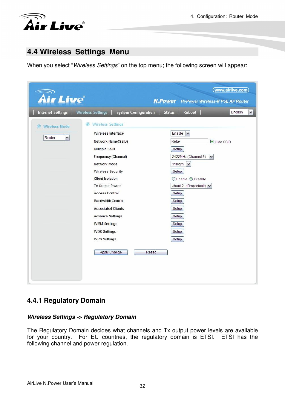 4 wireless settings menu, 1 regulatory domain | AirLive N.Power User Manual | Page 37 / 103