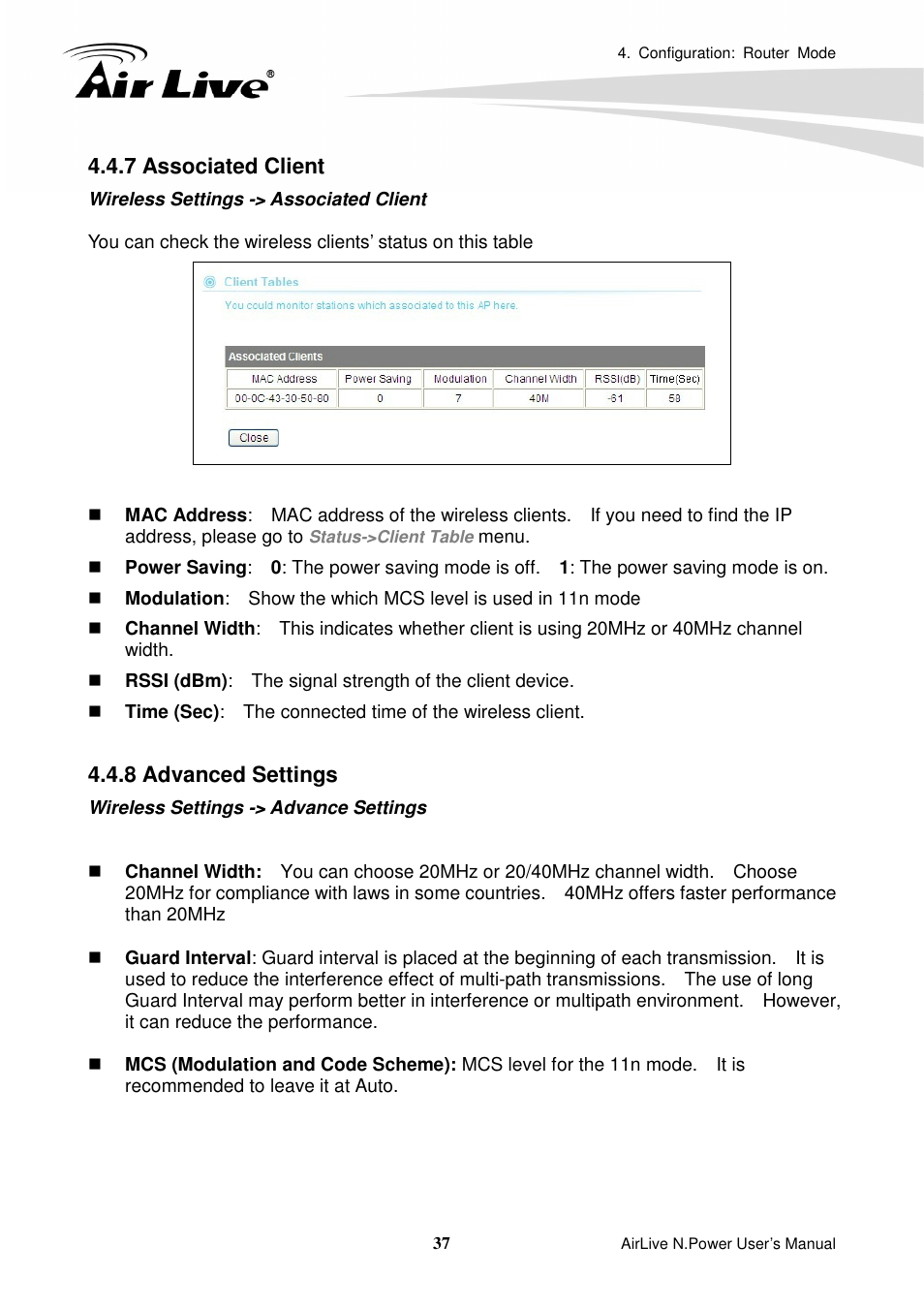 7 associated client, 8 advanced settings | AirLive N.Power User Manual | Page 42 / 103