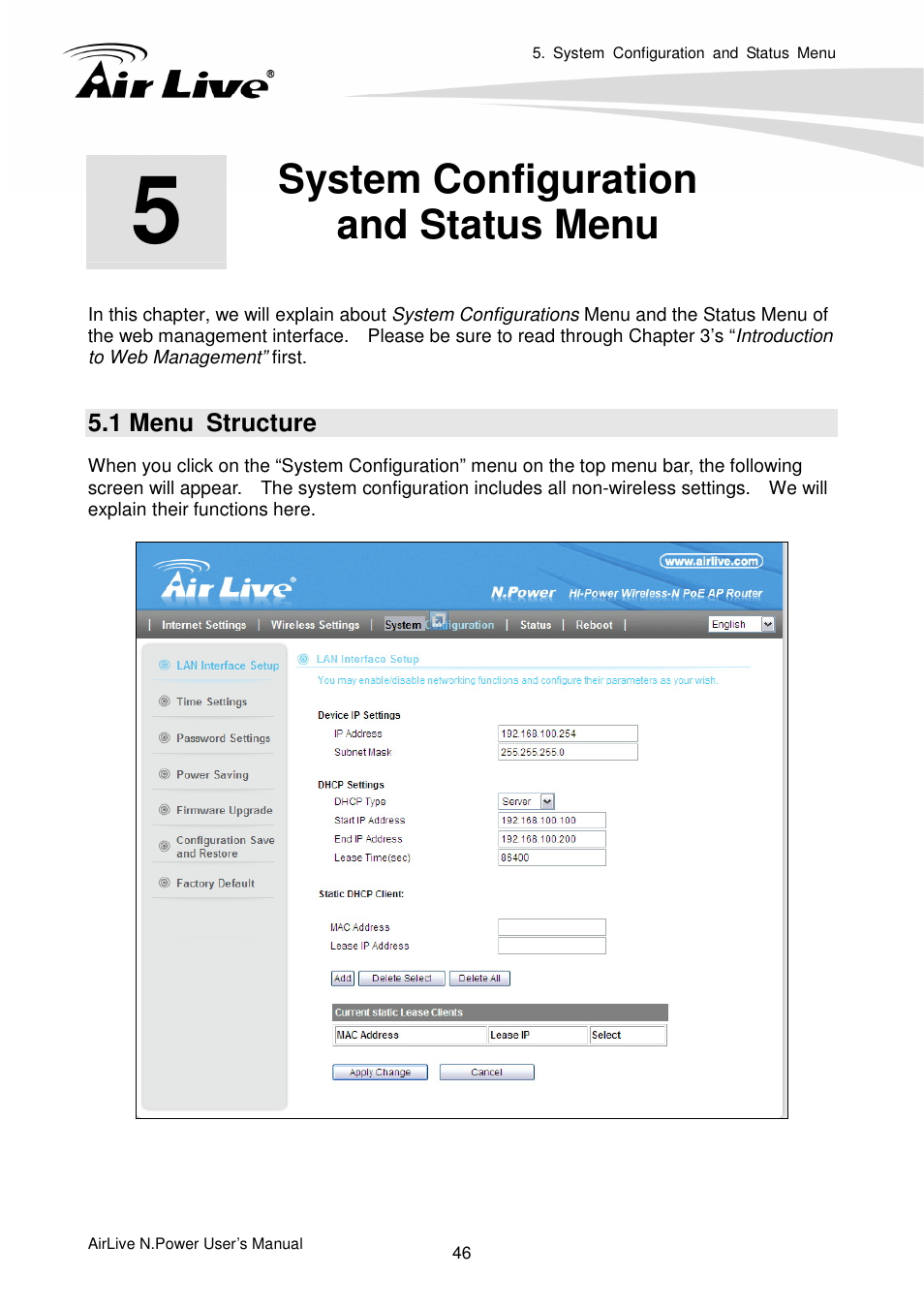 System configurationand status menu, 1 menu structure, System configuration and status menu | AirLive N.Power User Manual | Page 51 / 103