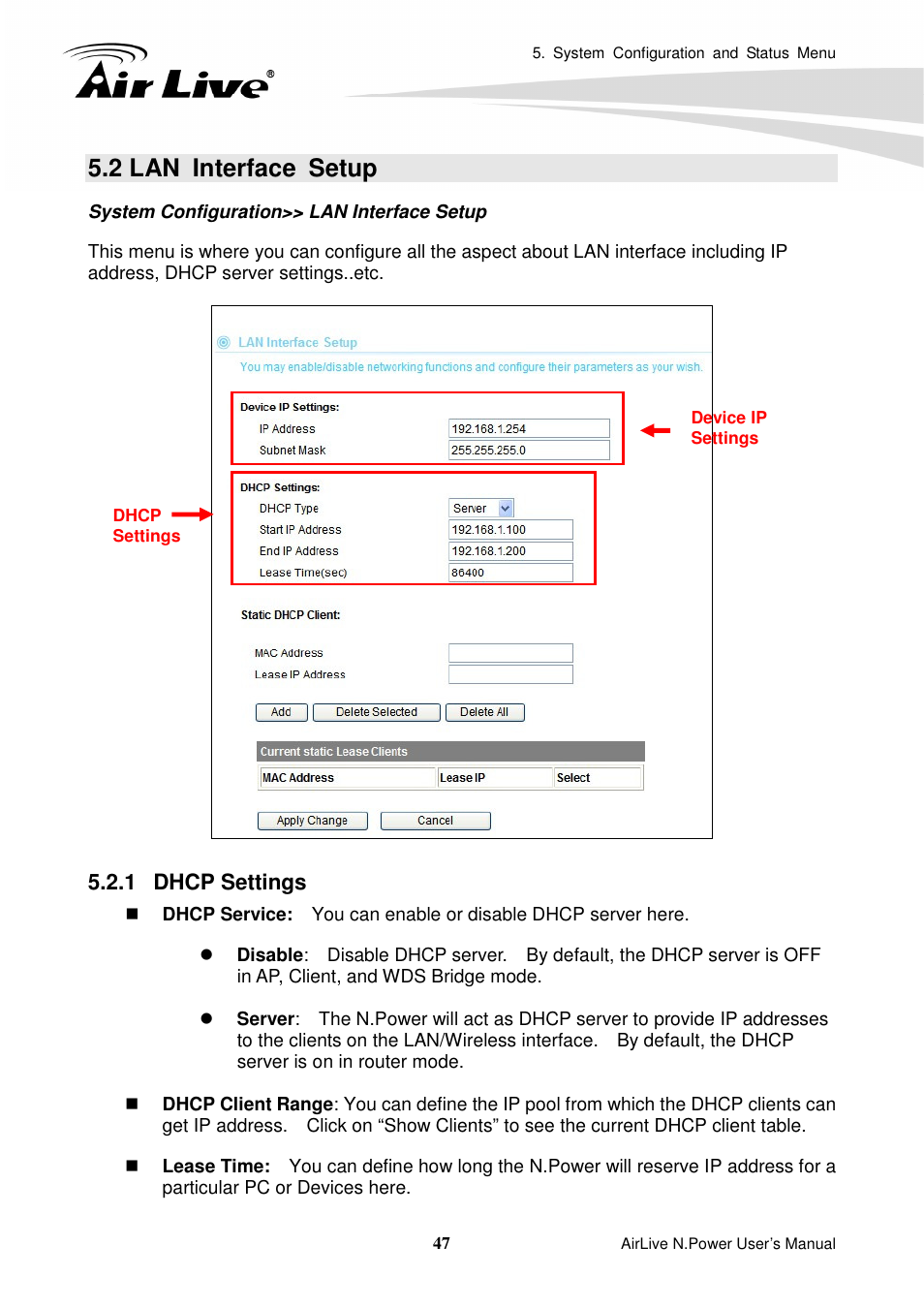 2 lan interface setup, 1 dhcp settings | AirLive N.Power User Manual | Page 52 / 103