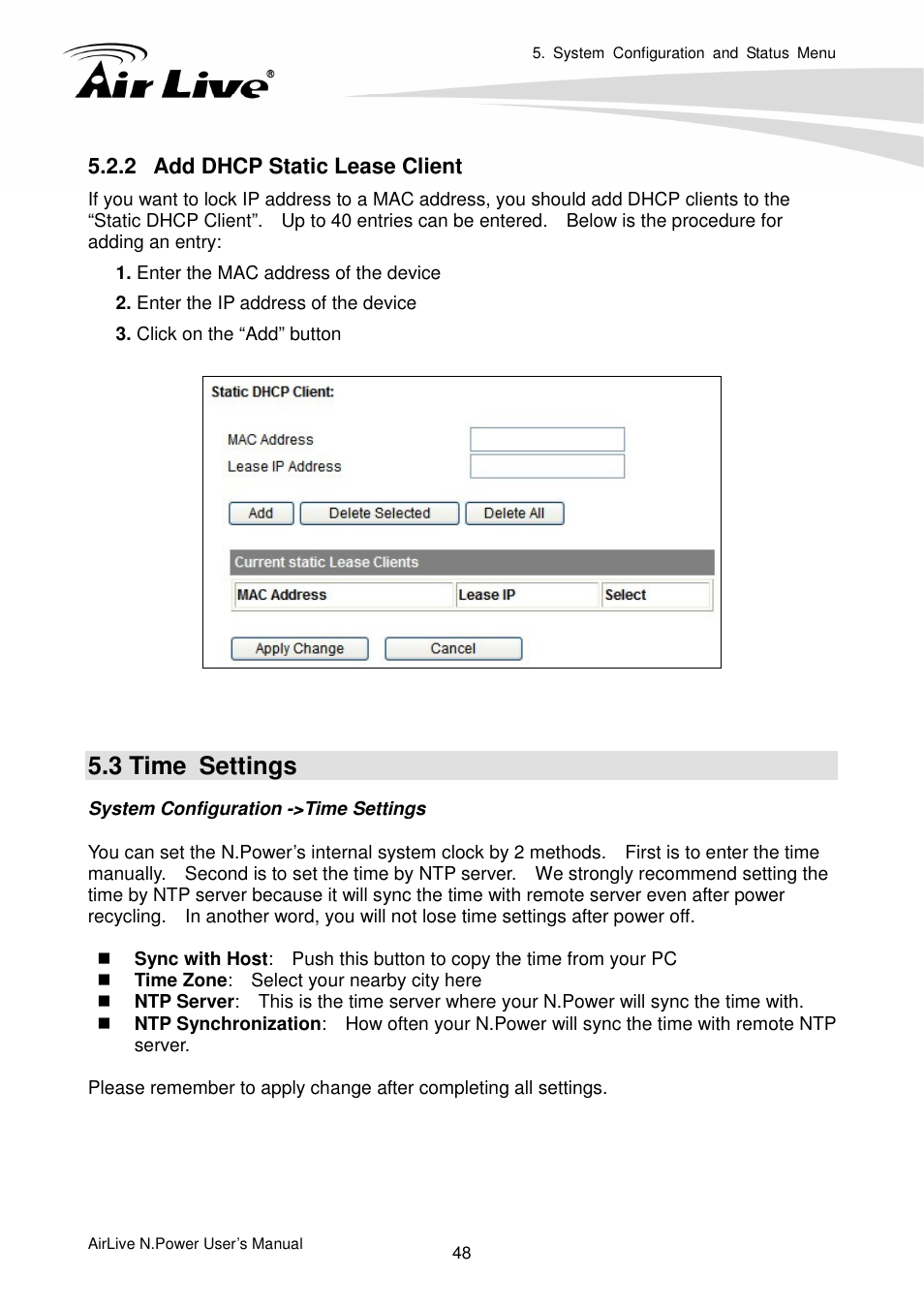 2 add dhcp static lease client, 3 time settings | AirLive N.Power User Manual | Page 53 / 103