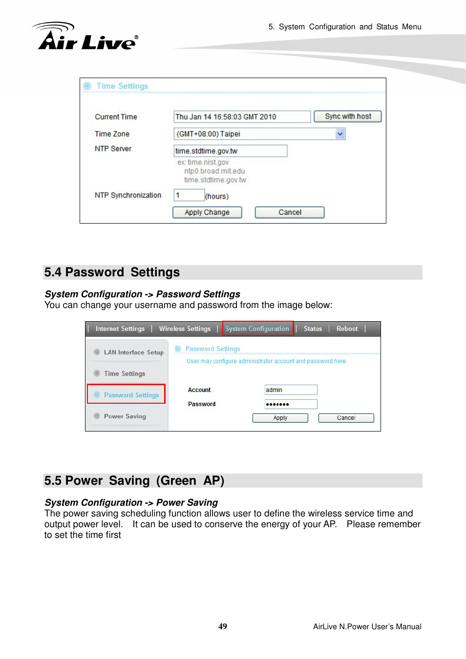 4 password settings, 5 power saving (green ap) | AirLive N.Power User Manual | Page 54 / 103