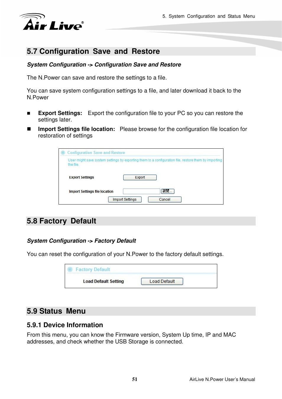 7 configuration save and restore, 8 factory default, 9 status menu | 1 device information | AirLive N.Power User Manual | Page 56 / 103