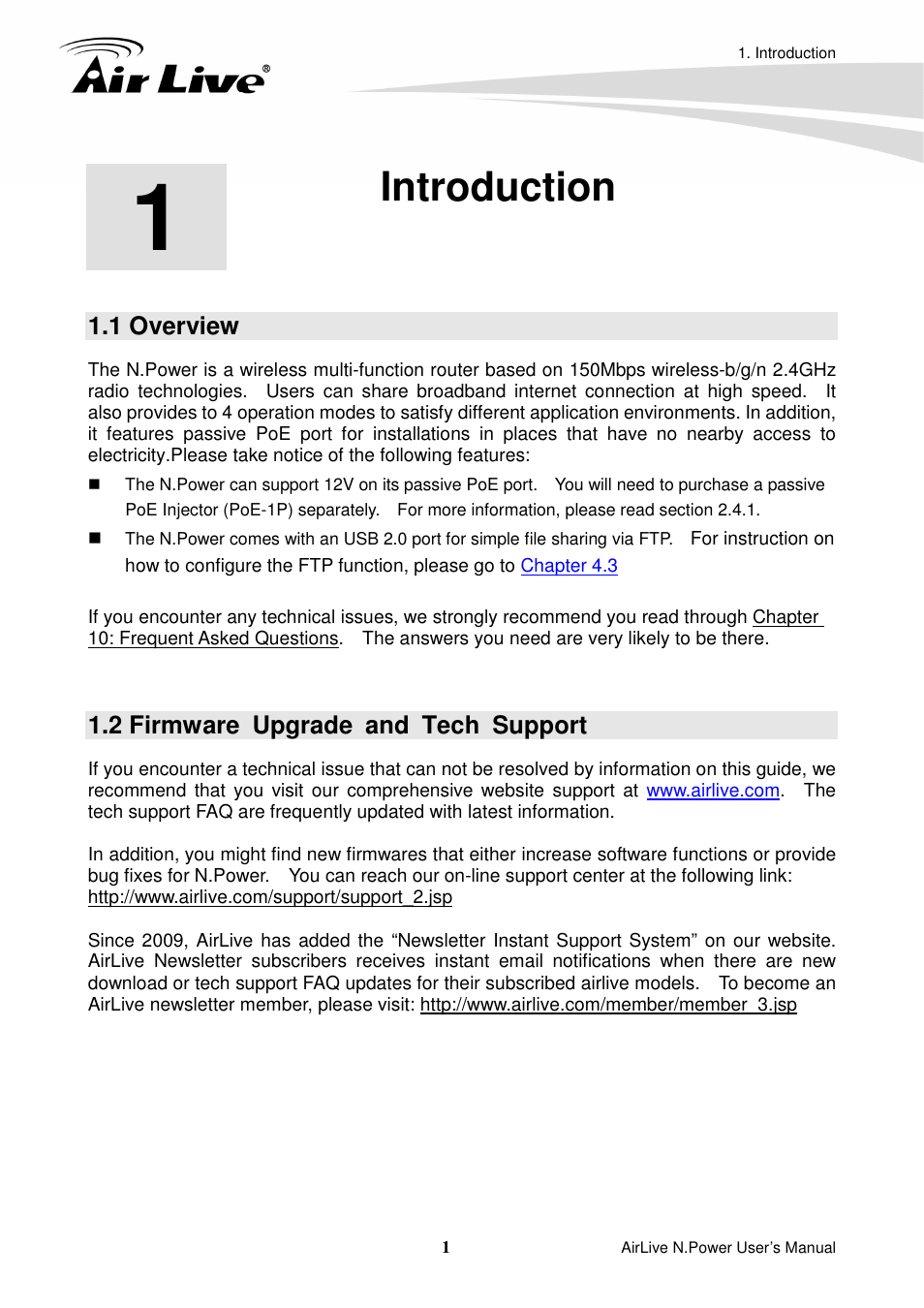 Introduction, 1 overview, 2 firmware upgrade and tech support | AirLive N.Power User Manual | Page 6 / 103