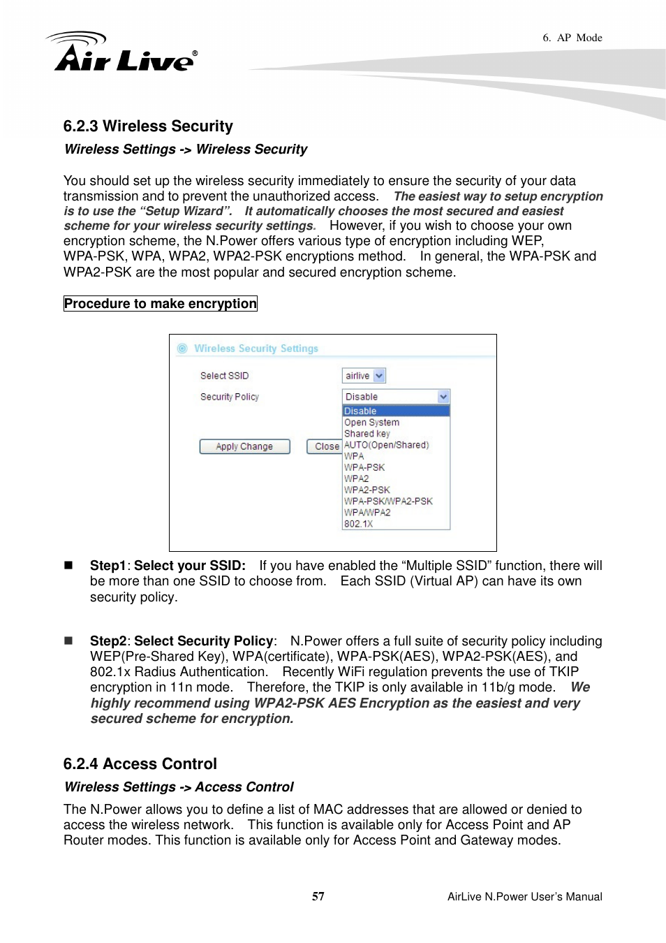 3 wireless security, 4 access control | AirLive N.Power User Manual | Page 62 / 103