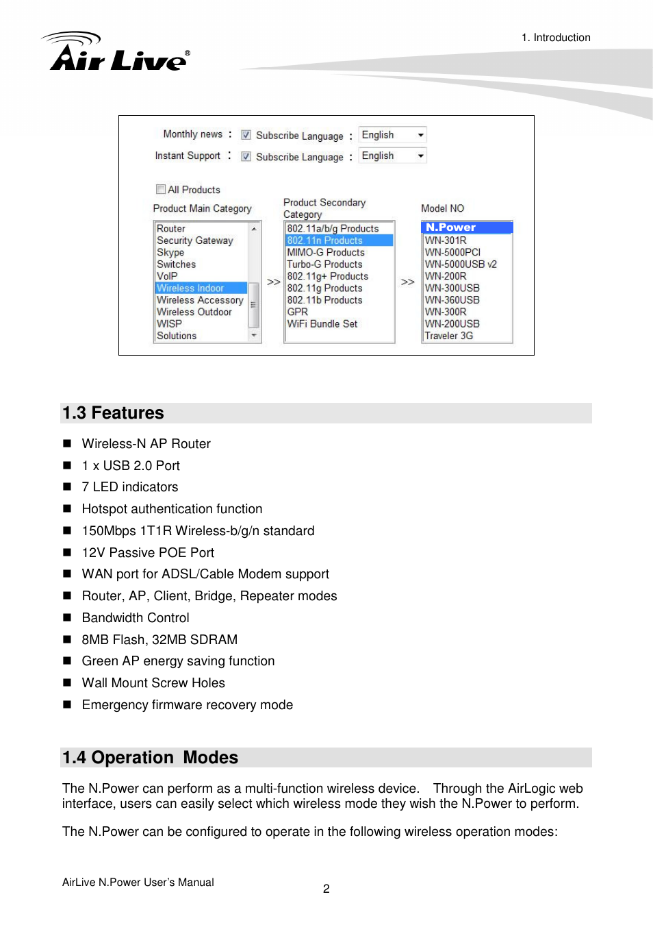 3 features, 4 operation modes | AirLive N.Power User Manual | Page 7 / 103