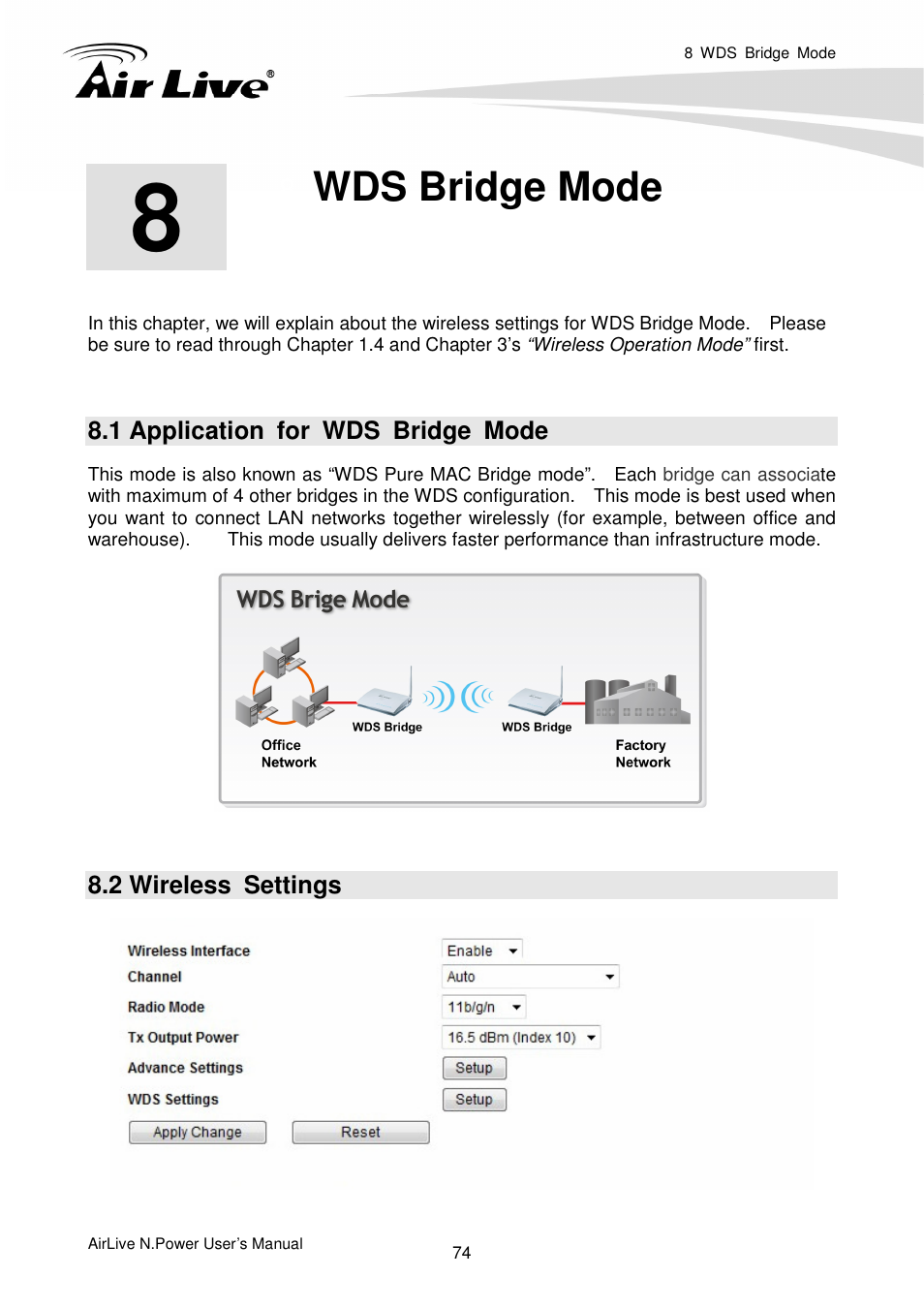 Wds bridge mode, 1 application for wds bridge mode, 2 wireless settings | AirLive N.Power User Manual | Page 79 / 103