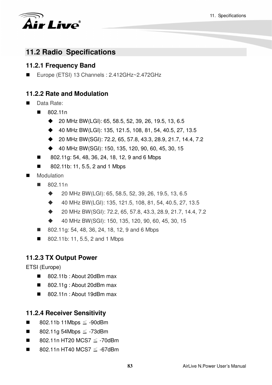 2 radio specifications, 1 frequency band, 2 rate and modulation | 3 tx output power, 4 receiver sensitivity | AirLive N.Power User Manual | Page 88 / 103