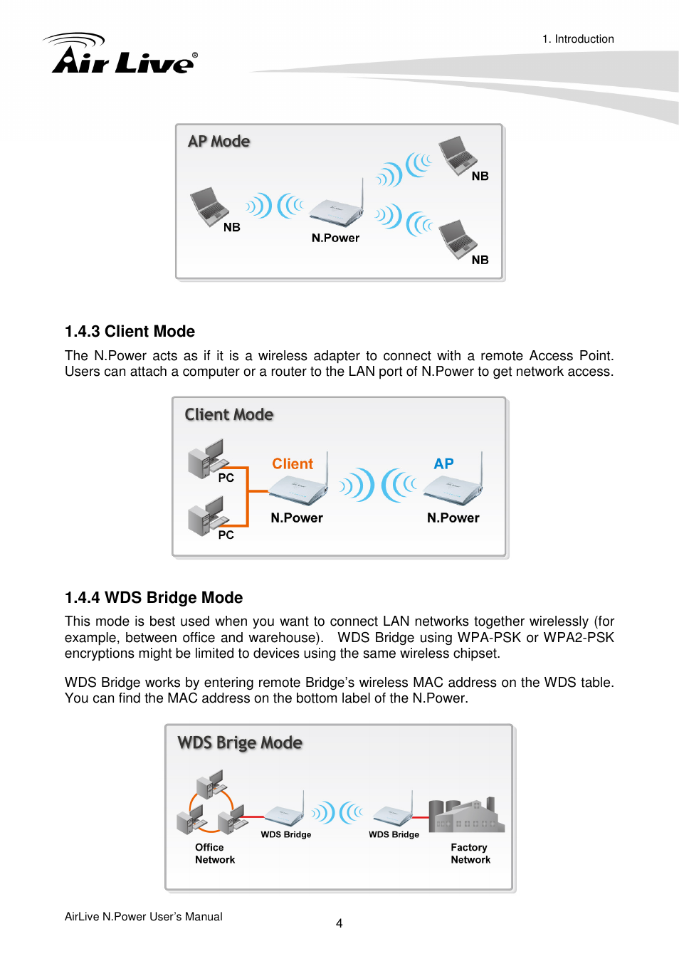 2 ap mode, 3 client mode, 4 wds bridge mode | AirLive N.Power User Manual | Page 9 / 103