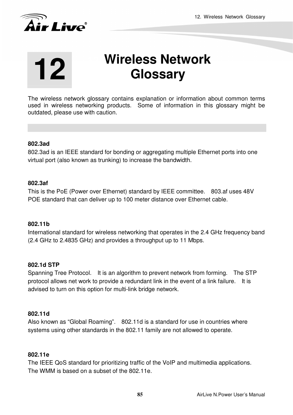 Wireless networkglossary, Wireless network glossary | AirLive N.Power User Manual | Page 90 / 103