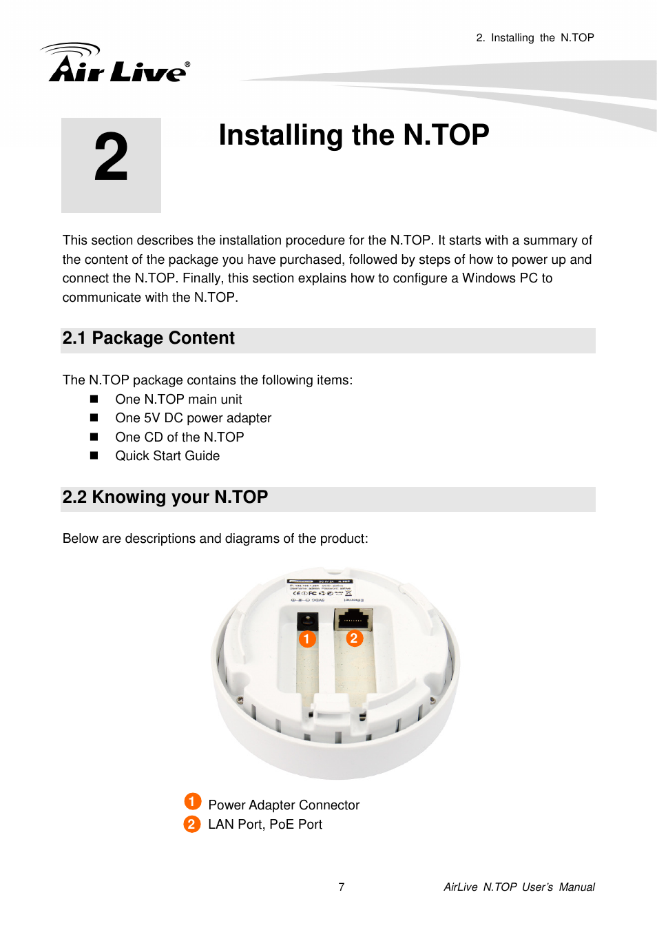 Installing the n.top, 1 package content, 2 knowing your n.top | AirLive N.TOP User Manual | Page 12 / 71