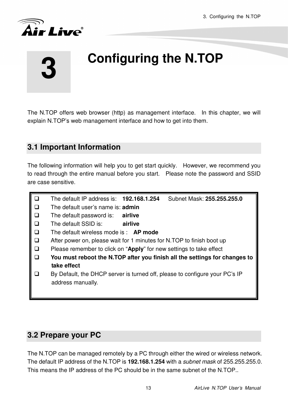 Configuring the n.top, 1 important information, 2 prepare your pc | AirLive N.TOP User Manual | Page 18 / 71