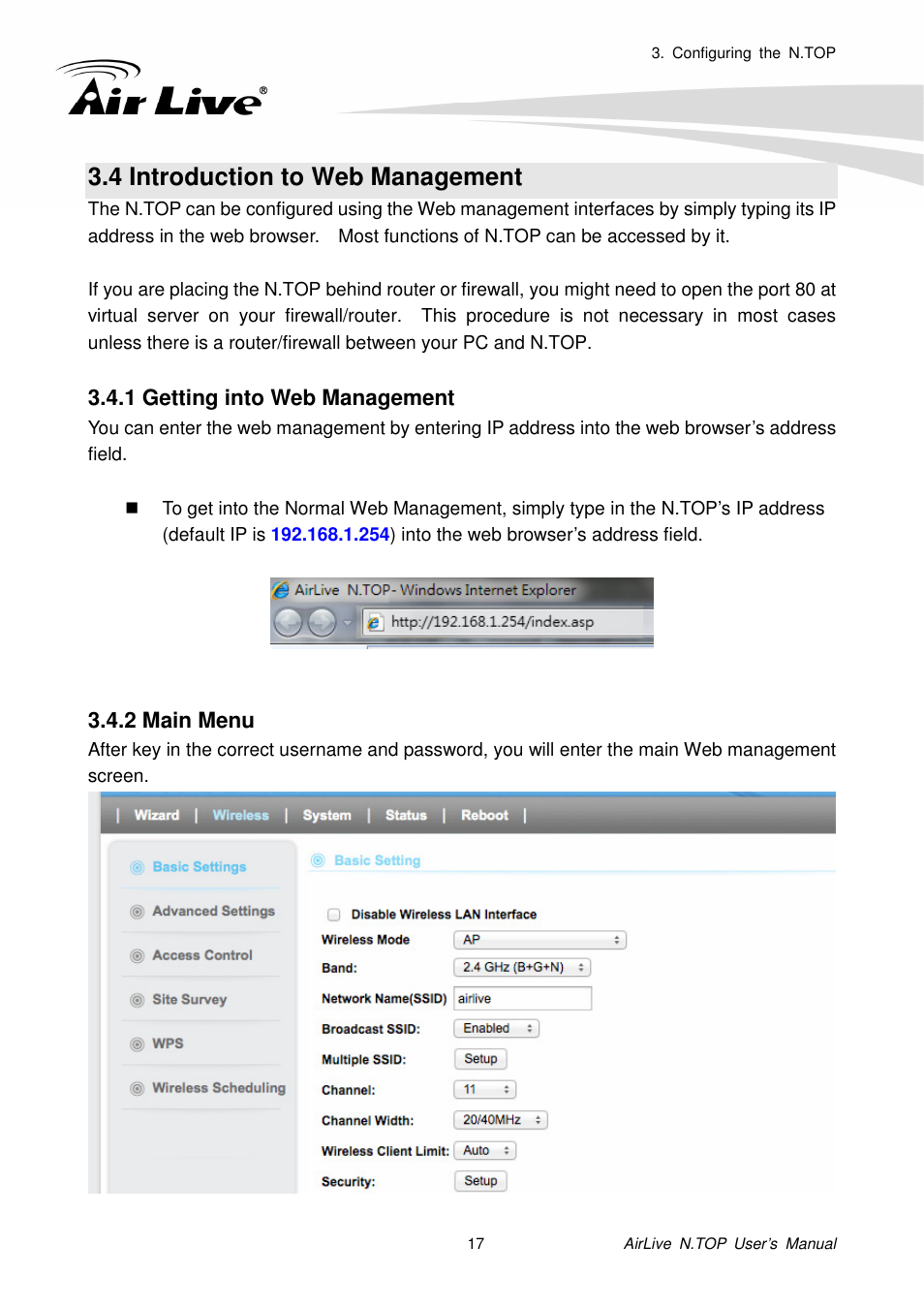 4 introduction to web management, 1 getting into web management, 2 main menu | AirLive N.TOP User Manual | Page 22 / 71