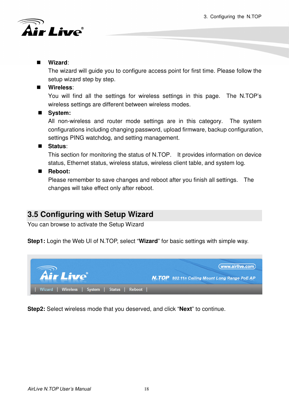 5 configuring with setup wizard | AirLive N.TOP User Manual | Page 23 / 71