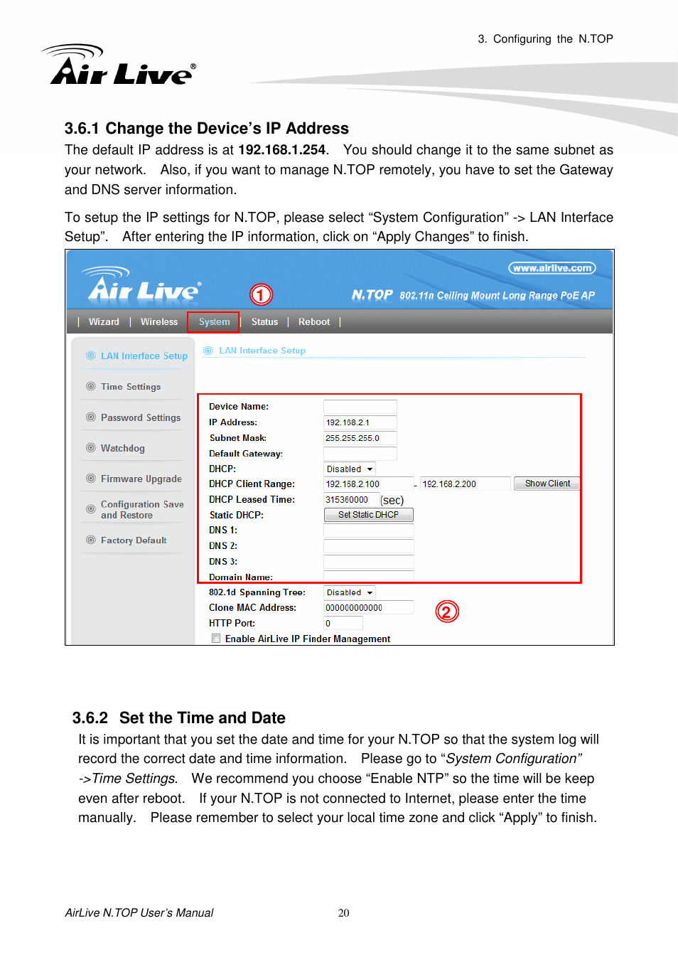 1 change the device’s ip address, 2 set the time and date | AirLive N.TOP User Manual | Page 25 / 71