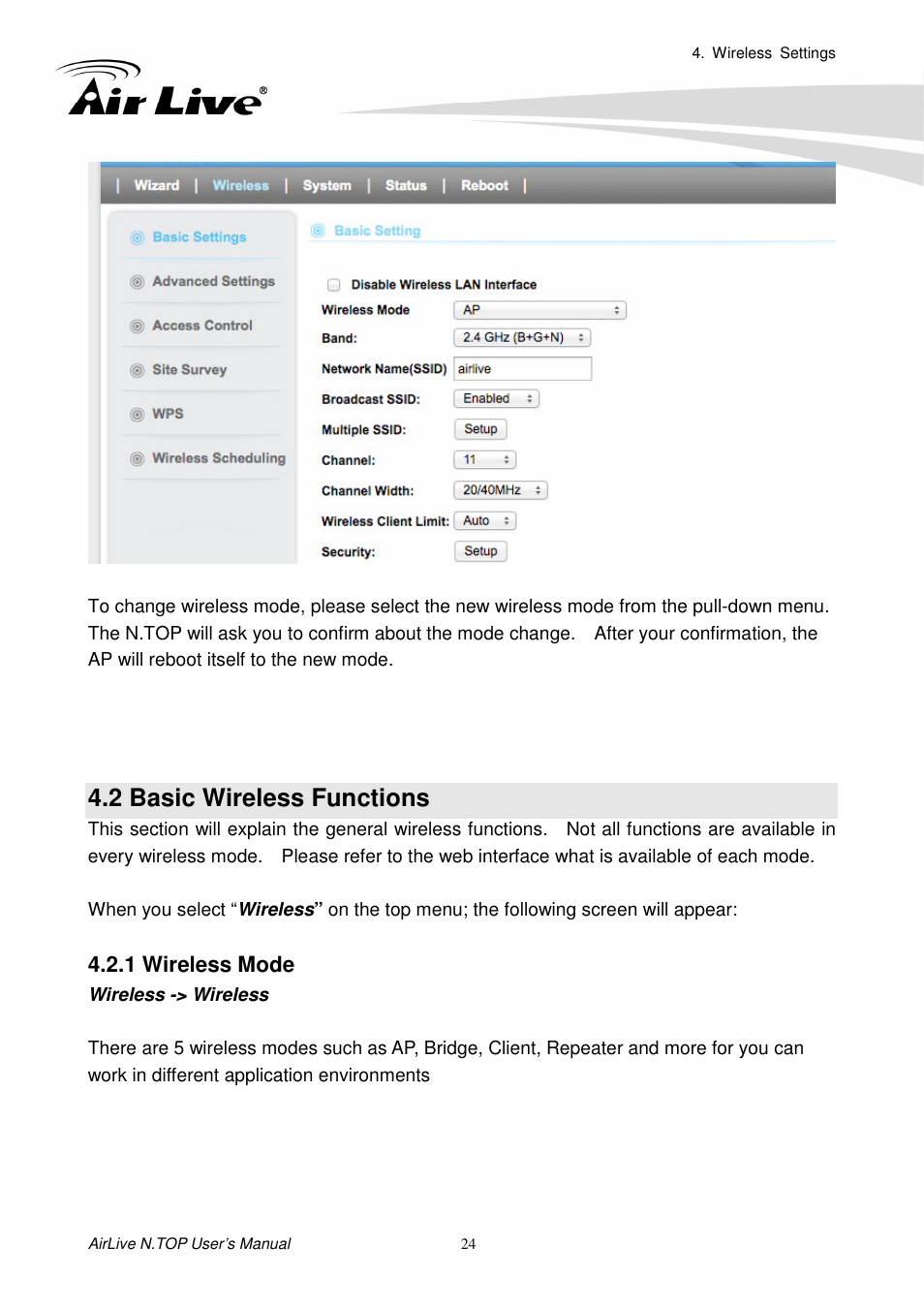 2 basic wireless functions, 1 wireless mode | AirLive N.TOP User Manual | Page 29 / 71