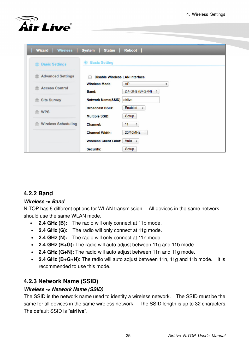2 band, 3 network name (ssid) | AirLive N.TOP User Manual | Page 30 / 71