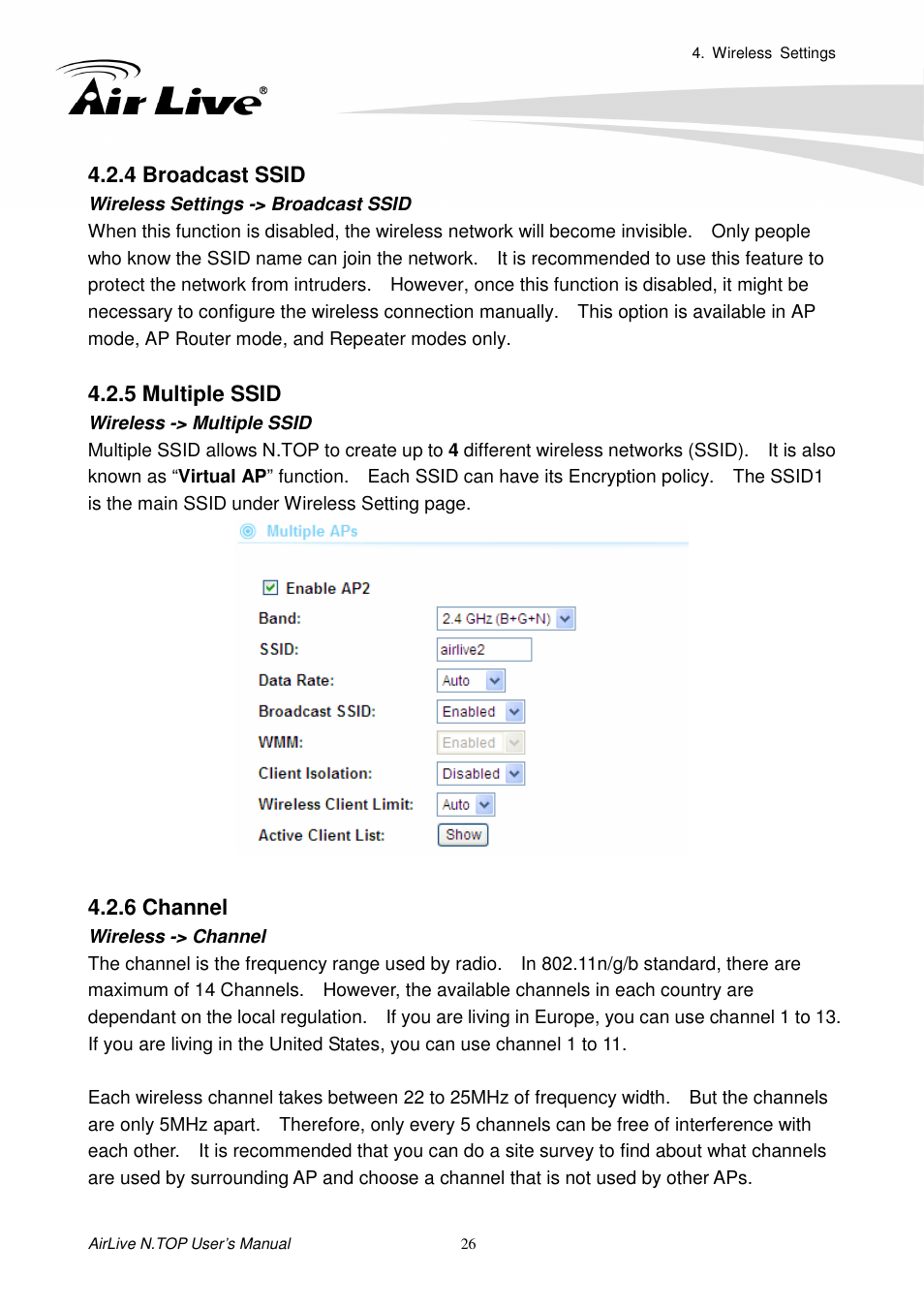 4 broadcast ssid, 5 multiple ssid, 6 channel | AirLive N.TOP User Manual | Page 31 / 71