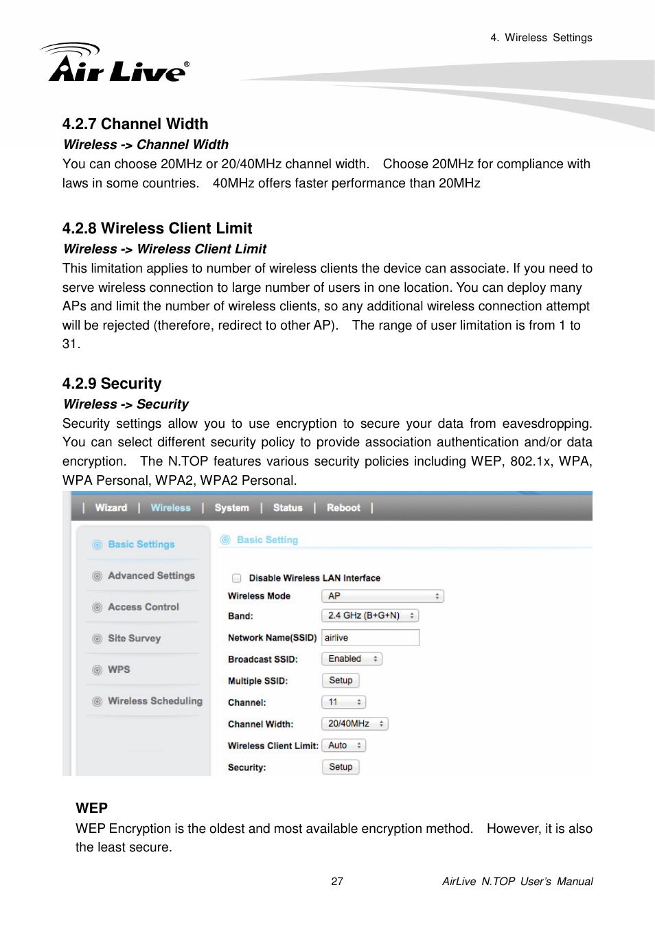 7 channel width, 8 wireless client limit, 9 security | AirLive N.TOP User Manual | Page 32 / 71
