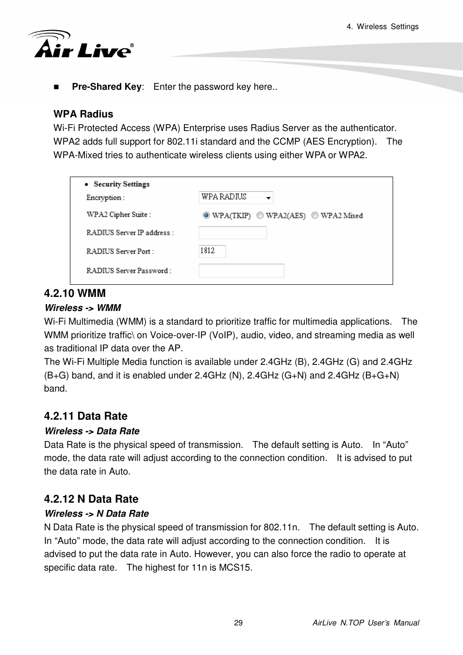 10 wmm, 11 data rate, 12 n data rate | AirLive N.TOP User Manual | Page 34 / 71