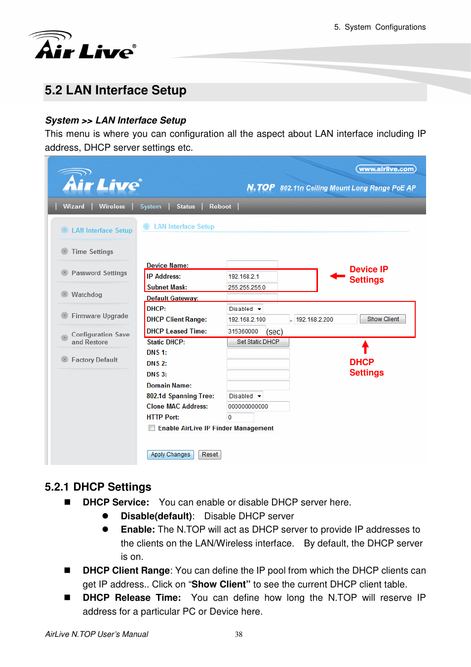 2 lan interface setup, 1 dhcp settings | AirLive N.TOP User Manual | Page 43 / 71