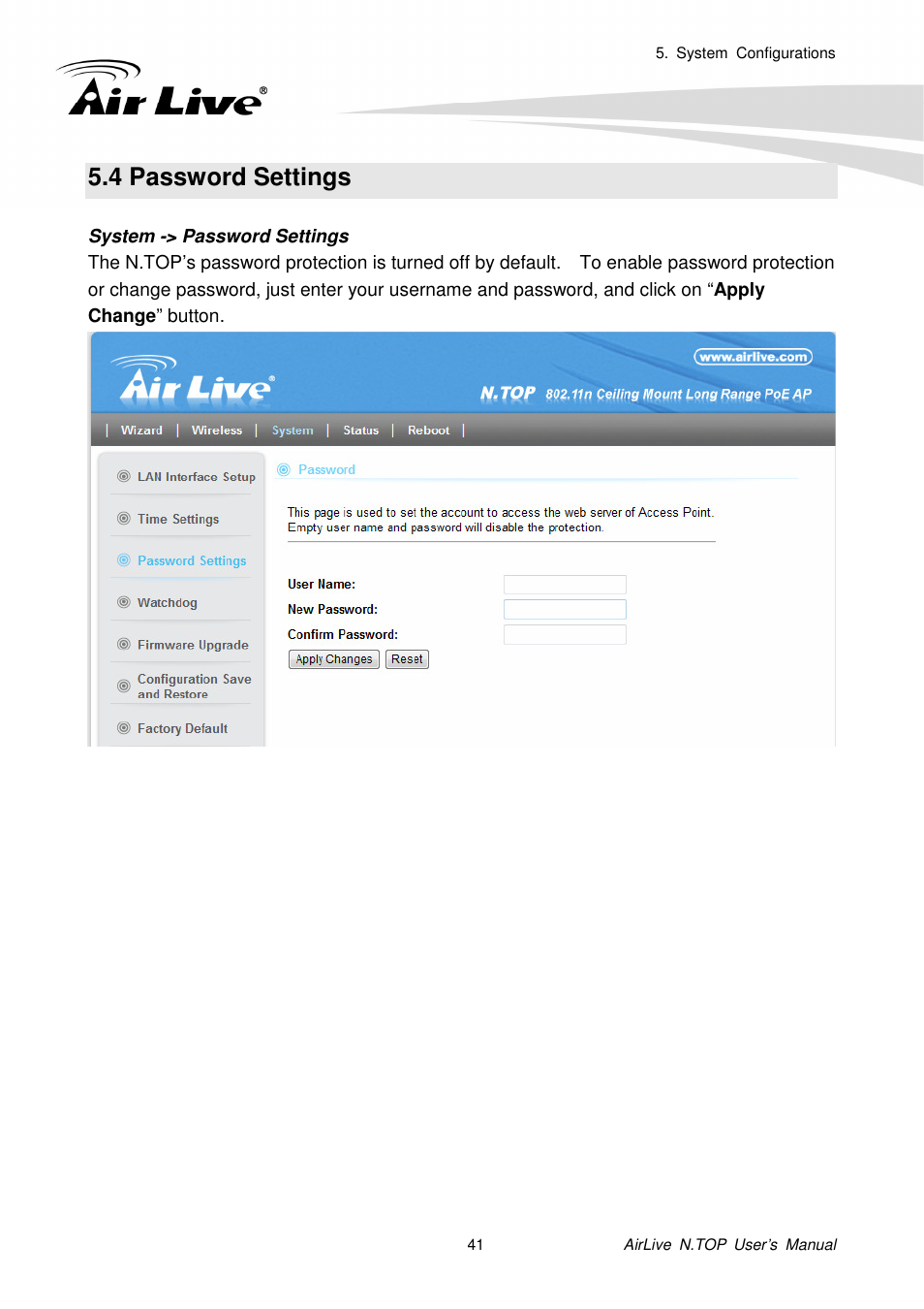 4 password settings | AirLive N.TOP User Manual | Page 46 / 71