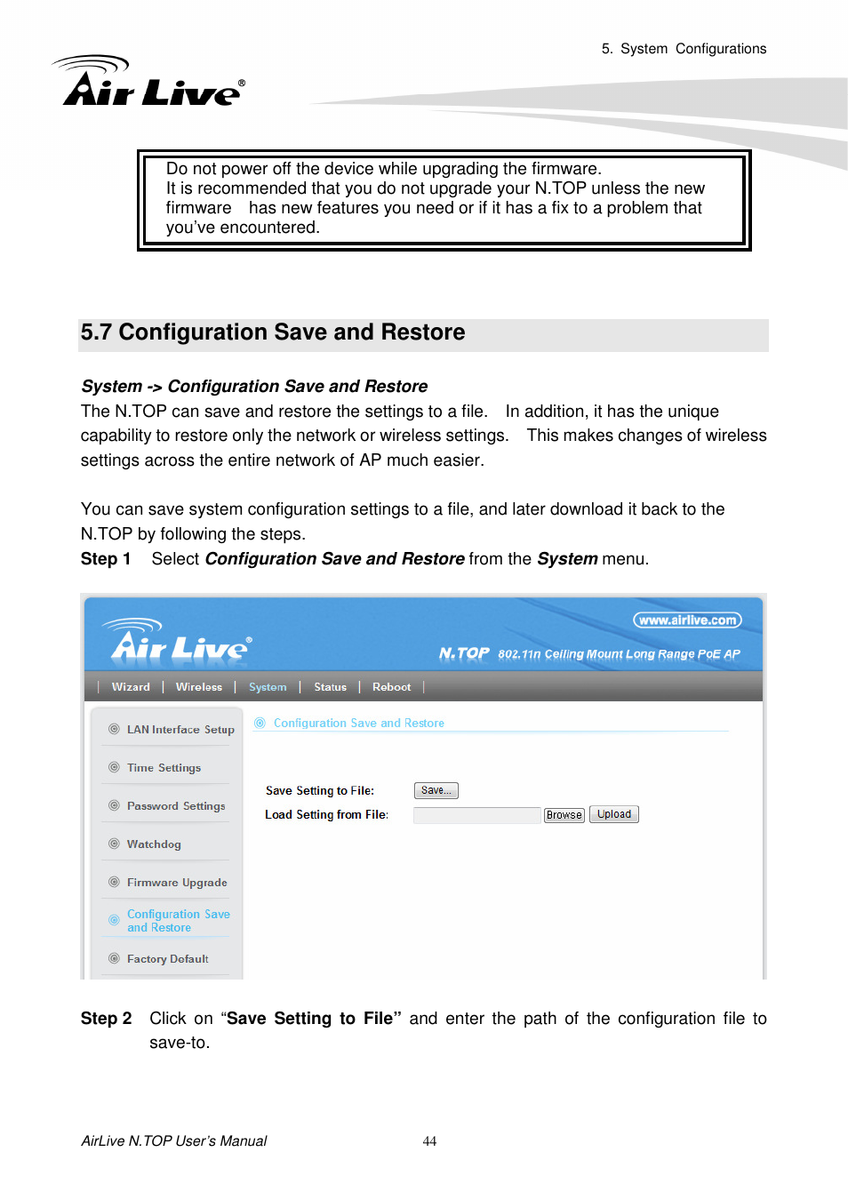 7 configuration save and restore | AirLive N.TOP User Manual | Page 49 / 71